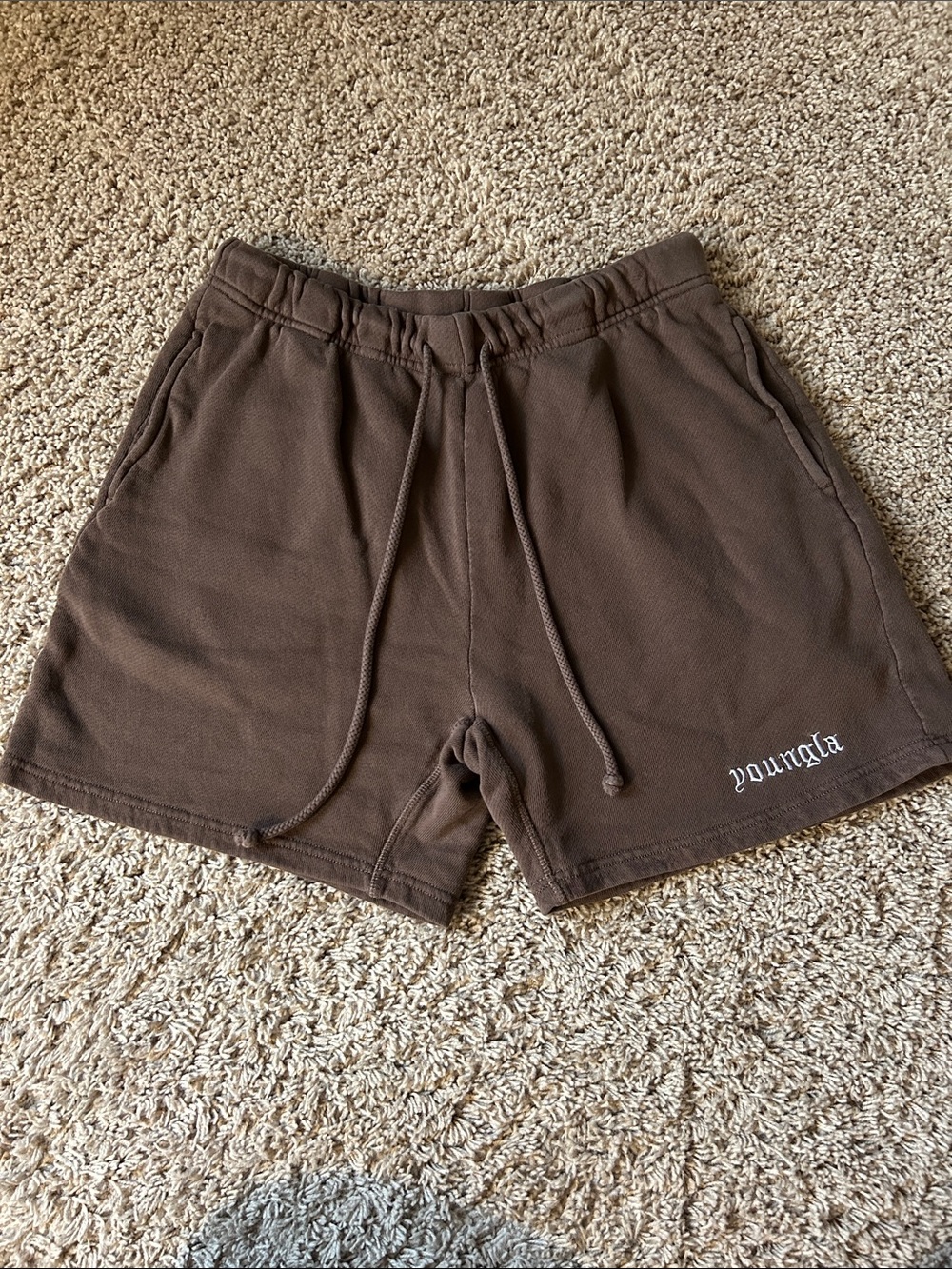 YoungLA Brown Athletic Drawstring Shorts with Script Logo